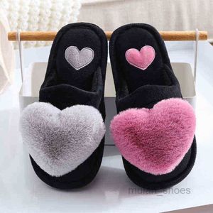 Mode femmes pantoufles amour coeur coton pantoufle hiver fourrure diapositives dames maison fourrure chaud intérieur chaussures Claquette Fourrure