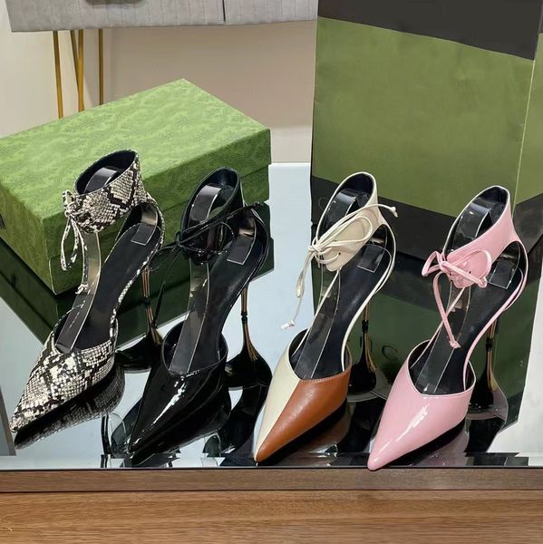 Moda mujer serpiente patrón sandalias de cuero diseñador de lujo zapatos de vestir casual con cordones puntiagudos 8.5 cm zapatos de fiesta de tacón alto zapato de fábrica de calidad superior