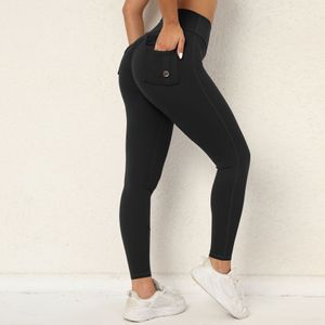 mode femmes couleur unie Leggings pantalon de yoga bouton de poche pantalon de yoga multicolore taille haute bonne élasticité pantalon de sport # qs0250