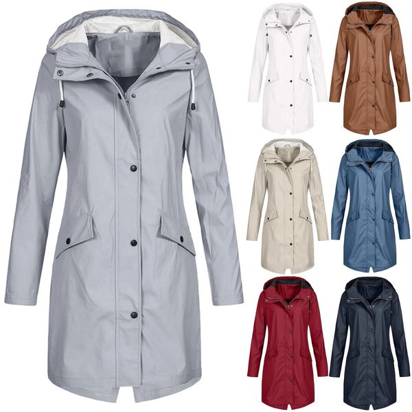 Mode femmes solide Trench extérieur coupe-vent à manches longues à capuche imperméable coupe-vent veste manteau de pluie vêtements d'extérieur Casaco 240110