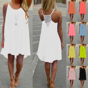 Mode Vrouwen Jurken Spaghetti Riem Back Howlllow Out Summer Chiffon Beach Short Solid Color Mouwloze Halster Casual Jurk