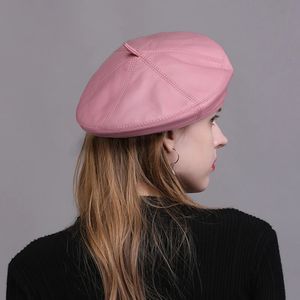 Mode Vrouwen lente/winter Brits echte lederen schilder hoed vrouwelijk retro Koreaans achthoekige motorkap roze/kaki baret 240520