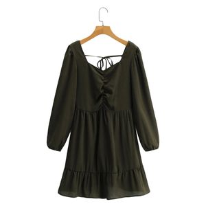 Moda mujer cuello cuadrado encaje hasta ejército verde mini vestido femenino ropa de manga larga casual dama vestido suelto D7180 210430