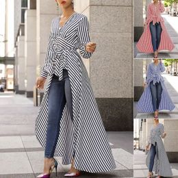 Fashion Women Stripe Long Sleeve Blouse Shirt V-Neck Maxi Dress Tunic Casual Long Tops Business Office Lady Dress 240325