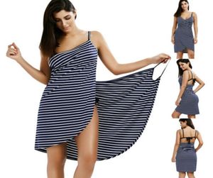 Fashion Women Striped Swearwear Scarf Beach Cover Ups Wrap Sarong Sling Skirt Maxi Robe Lace Up Backless Female Bathing Suite 9341680