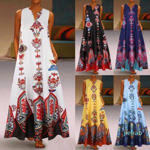 Mode- Dames Zomerjurk Dames Mode Vintage Patchwork Print Mouwloze V-hals Maxi Jurken Bohemia Beach Sundress Plus Size