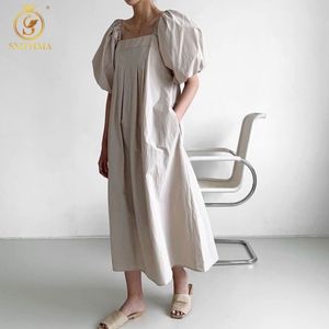 Mode Femmes Robe d'été Oversize Taille haute Lanterne Manches Vintage Lady Lâche Longue Robes 210520