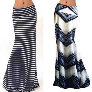 Mode vrouwen zomer lange rok gestreepte golf charmante elastische hoge taille boho printen saia falda vrouwelijke maxi 210621