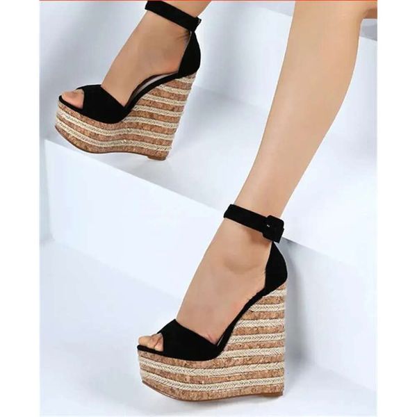 Fashion Women Summer Open Toe Platform Straw Leede Store de tobillo de tobillo Super High Wedge Sand 91a