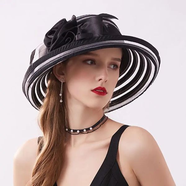 Fashion Women Summer Organza Antiuv Sun Chaps larges Brim Flower Fedora Hat Elegant Ladies Wedding Church Party Hat240409