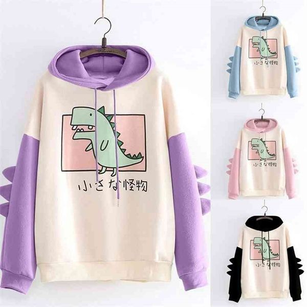 Mode Femmes Sweat-shirt Casual Imprimer Manches longues Splice Dinosaur Sweats à capuche Tops 210803