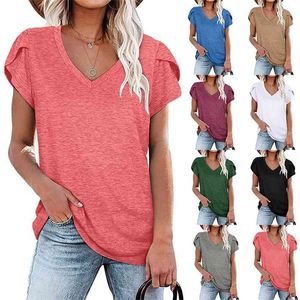 Mode Vrouwen T-shirt Elegante Effen Kleur Dames Tee Casual V-hals Korte Mouw Vrouwelijke Tops 210623
