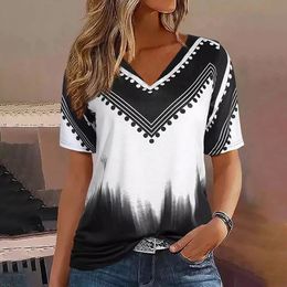 Fashion Femmes T-shirt Stripes Imprimez Gradient V Cou Neck Sleeve Basic Tops Streetwear Summer Surdimensia Clothing Female Tshirts 240411