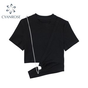Mode Vrouwen T-shirt Zomer Streetwear Crop Tops Korte Mouw Cut-Out Chain Design Casual Sexy Slanke E meisje kleding 210515