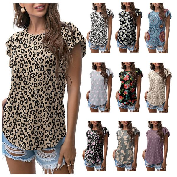 Moda Mujer Camiseta Verano Tops Manga corta con volantes O-cuello Camiseta Leopardo Floral Impreso Camisetas Camisetas casuales Top Ropa S-2XL Agradablemente fresco