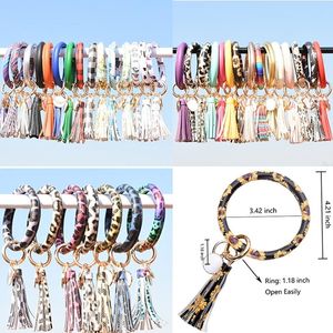 Mode Femmes Glands Bracelets Bracelet PU En Cuir Parti Wrap Porte-clés Léopard Lily Imprimer Porte-clés Tournesol Drapeau Motif Cercle Chaînes Clés Titulaire Bracelet