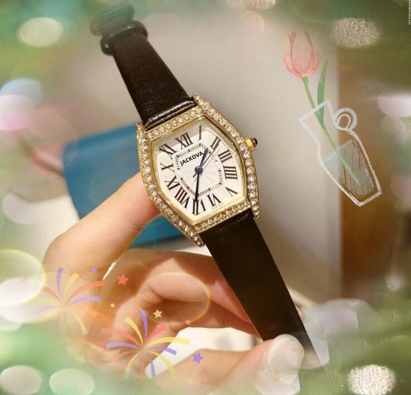 Mode Femmes Tonneau Cadran Romain Montre Glacé Diamants Anneau Mouvement À Quartz Femme Cadeau Bling Rose Or Argent Ceinture En Cuir Montres-bracelets reloj