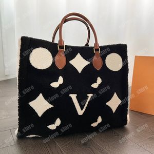 Bolsos de mano de moda para mujer, bolsos Onthego de diseñador, bolsos de mano clásicos con estampado de letras, bolso de compras de peluche, bolso de hombro tipo bandolera de lana de cordero de invierno