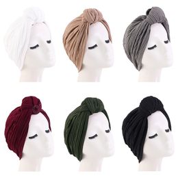 Fashion Women Turban Cap Ingleto Cabeza de volantes Musulmán Musulmán de la cabeza India Hat Solid Color Night Slepare Cortinuito Hijab Capilla