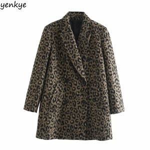 Mode Femmes Vintage Animal Print Manteau à manches longues Double boutonnage Casual Automne Hiver Laine Plus Taille Vêtements d'extérieur 210514