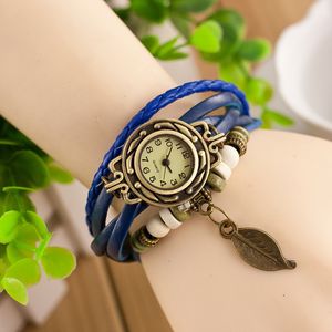 Mode femmes montre femme feuille pendentif bracelet montres dame personnalité vintage perles corde armure montre-bracelet en cuir