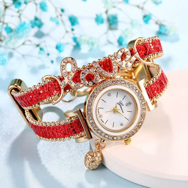 Genève marque femmes Bracelet montres dames amour Bracelet en cuir strass Quartz montre-Bracelet de luxe mode fille horloge