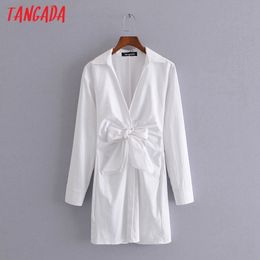 Mini abito da donna da ufficio a maniche lunghe con camicia a fiocco bianco da donna alla moda 3H64 210416