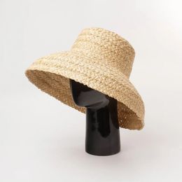 Fashion Women Wide Brim Brim Raffia Hat Women Haz Vacation Beach Sombreros Flat Top Sombrero Summer Gat de verano Damas UV Bucket Hat al por mayor 240425
