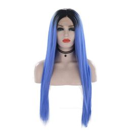 Fashion Women Perruques ombre Blue Wig Long Right Hand Tied Synthetic Lace Front Wig Wigleslesless Coiffes de fibres résistantes à la chaleur pour les femmes WI9166312