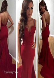 Fashion Wine Red Open Back Prom Dress Sexy Bourgondië Long Spaghettis Braps Formele avondfeestjurk op maat gemaakte plus size7494254