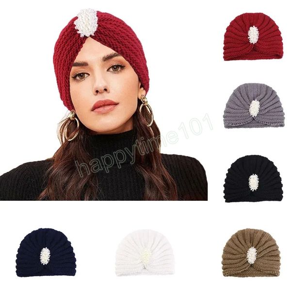 Gorros de abrigo de invierno para mujer, accesorios de diamantes de perlas, gorro de punto cálido de lana, gorro musulmán, Hijab, cubierta para capó de turbante