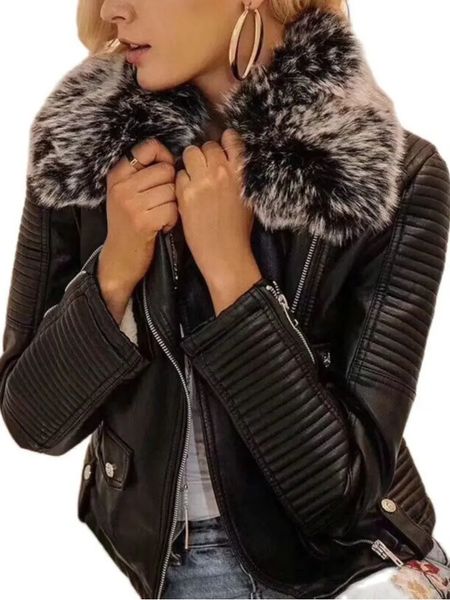Mode femmes hiver chaud Faux cuir vestes avec col de fourrure ceinture dame noir rose moto Biker manteaux d'extérieur 231226