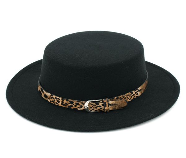 Mode femmes laine mélange melon casquette porc tarte chapeau Jazz chapeau large bord plat haut plaisancier marin léopard en cuir Belt8864937