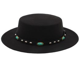 Mode Dames Wollen Bolhoed Schipper Sailor Pork Pie Cap Turquoise Lederen Belt1684282