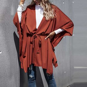Mode Vrouwen Wrap Coat Effen Kleur V-hals Lange vleermuis Moche Asymmetrische Kaapjas met Riem W233 210526