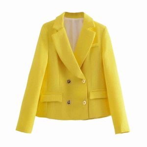 Mode vrouwen geel tweed blazer jasje lente dubbele breasted vrouwelijke herfst jas chique pockets kantoor dame elegante top 210521