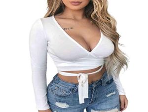 Mode Femmes039s Wrap Top Sexy Col En V Profond Noeud Avant Manches Longues T-shirt De Base À Bretelles T-shirt Tops D'été Casual Vêtements Courts Y5038205