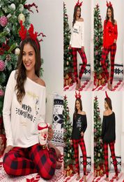 Mode dames 2 -delige set tops casual kerst gedrukte pullover plaid pants outfits met lange mouwen dames vrijetijdsblok thirt broek 7258632