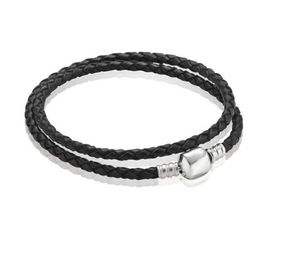 Mode Womens 925 Sterling Silver Real Black Double Layer Lederen Armband Fit Pan Charms Kralen Sieraden Mannen Mens Bangle Bracelet W247