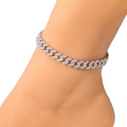 Bracelets de cheville pour femmes, chaîne à maillons cubains glacés, or, argent, rose, diamant, Hip Hop, bijoux 224E