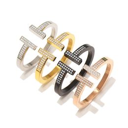 Mode Femmes Bracelet Or Bracelet Diamant Bracelets Titane Acier Vent Épais Double T En Forme De Dame Ouvert Symétrique Designer Jewel286Y