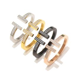 Mode Femmes Bracelet Or Bracelet Diamant Bracelets Titane Acier Vent Épais Double T En Forme De Dame Ouvert Symétrique Designer Jewel216p