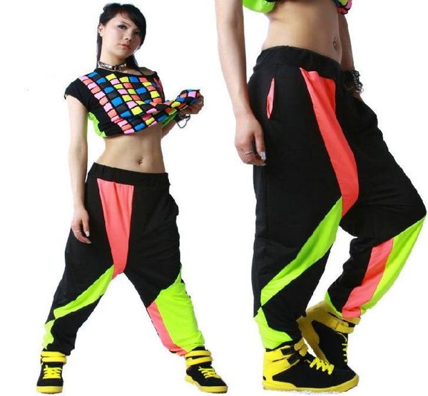 MODA MUJER CONTRASTE COLOR NEGRO HIP HOP DANZA DEL VIENTRE PANTALONES HAREM PANTALONES DEPORTIVOS Ropa de calle para niñas ropa holgada pantalones baratos para damas c3148396