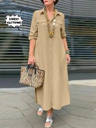 Fashion Womens Elegant Color Couleur à manches longues Button Poio Robe Colon Coton Linage simple Robe 240412