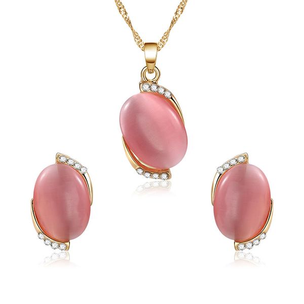 Moda para mujer Fancy Natyral Pink Gemstone Stone Necklace Pendiente Conjunto de joyas Cadena de metal Neckalce para regalo