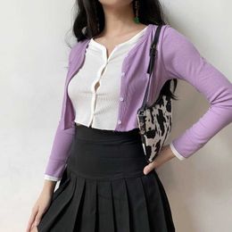 Mode Womens Girl Simple Double Layer Spring Sexy Purple Fake Twee Show Belly Button Gebreide Sweater Dames Q003 210603