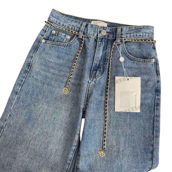 Moda para mujer Jeans CNL Rodilla Bordada Cadena de metal Denim Algodón Pantalones de pierna recta Diseñador Mujer Ropa Marca al por mayor