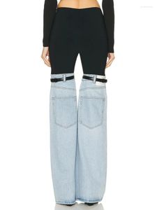 Mode femmes jean taille haute droite Patchwork Pu cuir boucle Streetwear Denim pantalon printemps tendance