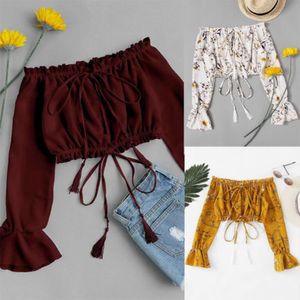 Fashion Womens Ladies Girl Summer Floral Chiffon Blouse Shirts Casual Off Shoulder Tassels Short Blouses Cropped Tops Shirt