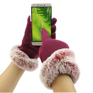 Mode-womens dame meisjes winter bont handschoenen touchscreen fleece gevoerd dikke warme winddicht thermische konijnenbont wanten vrouwelijke gratis verzending